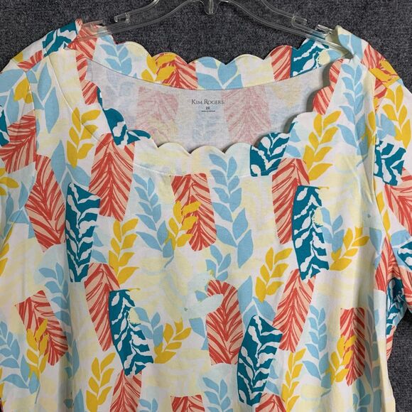 Kim Rogers Knit Top Plus Sz 2X Short Sleeve Tropical Leaf Pattern Scalloped Neck - Picture 2 of 10